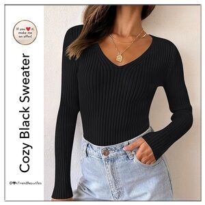Cozy Everyday Wear Black Long Sleeve V-Neck Ribbed Knit Sweater